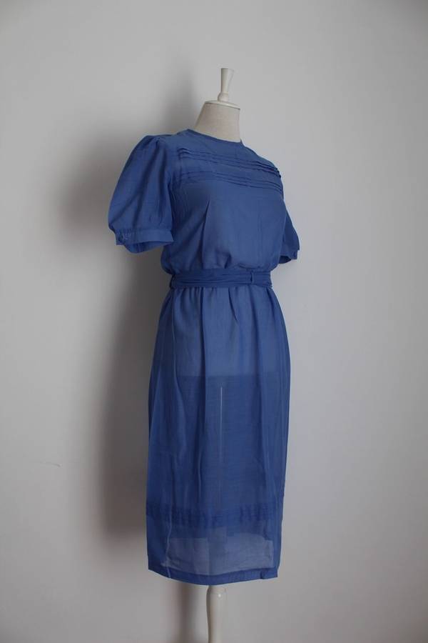 VINTAGE BLUE TIE WAIST PLEATED DAY DRESS - SIZE 10