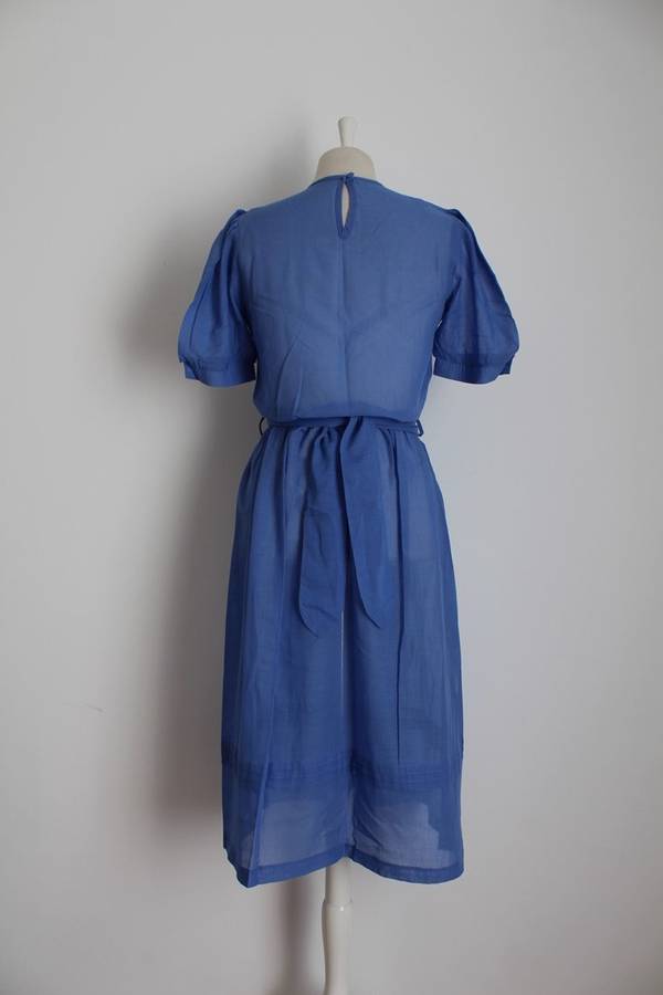 VINTAGE BLUE TIE WAIST PLEATED DAY DRESS - SIZE 10