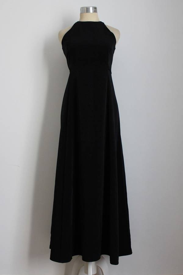 VINTAGE BLACK SLEEVELESS TIE BACK MAXI DRESS - SIZE 10