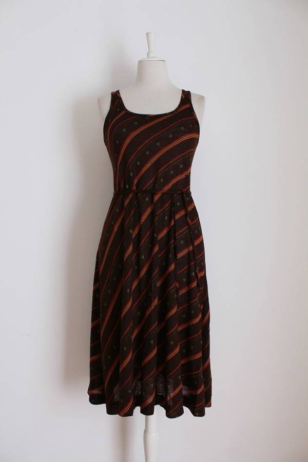 VINTAGE STRIPED BROWN RED TIE WAIST DAY DRESS - SIZE 10