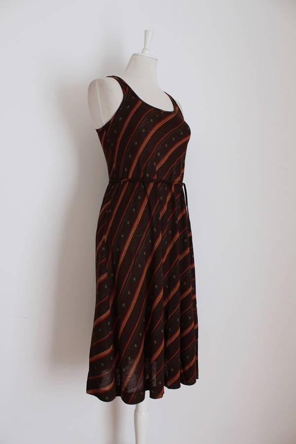 VINTAGE STRIPED BROWN RED TIE WAIST DAY DRESS - SIZE 10