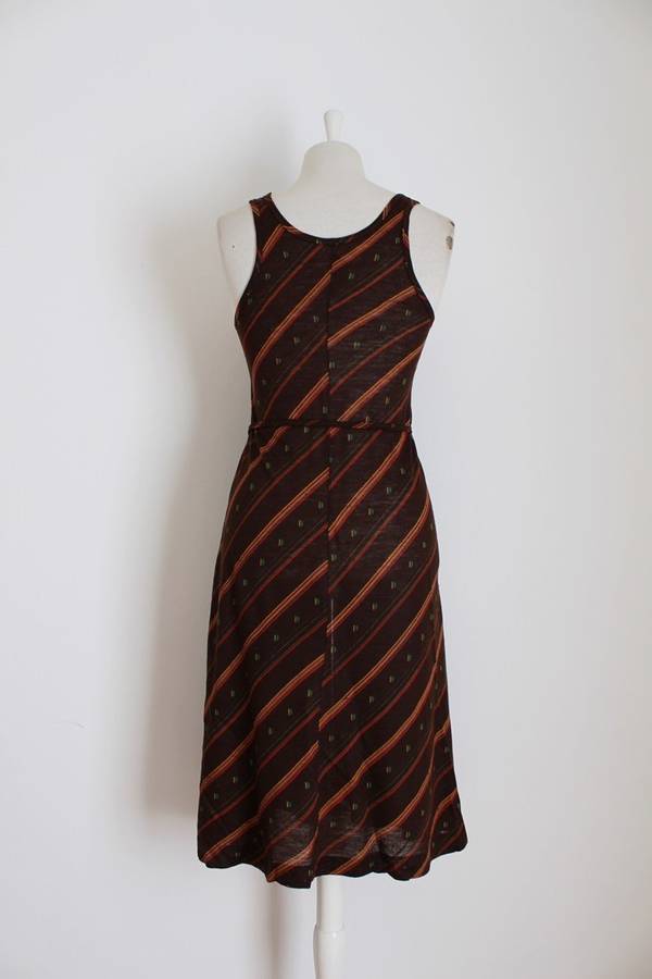 VINTAGE STRIPED BROWN RED TIE WAIST DAY DRESS - SIZE 10