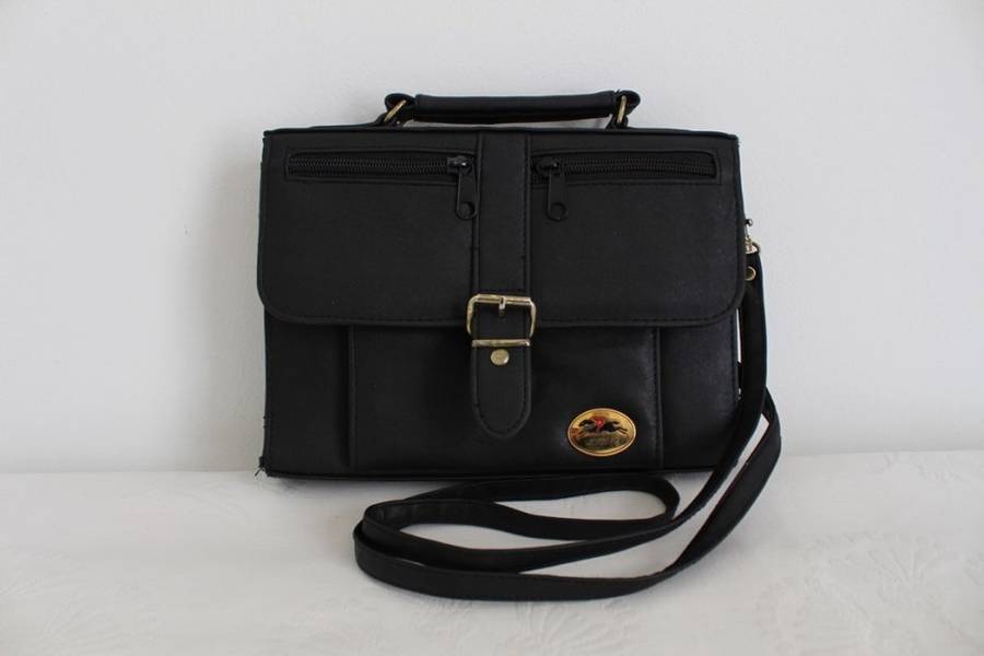 VINTAGE BLACK FAUX LEATHER SATCHEL MESSENGER SLING BAG HANDBAG