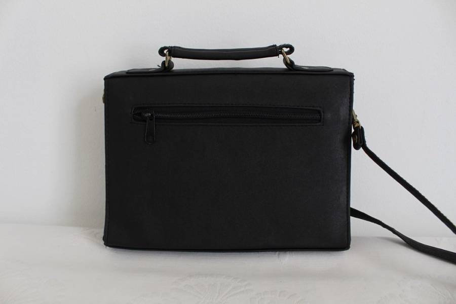 VINTAGE BLACK FAUX LEATHER SATCHEL MESSENGER SLING BAG HANDBAG