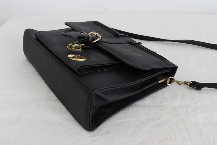 VINTAGE BLACK FAUX LEATHER SATCHEL MESSENGER SLING BAG HANDBAG