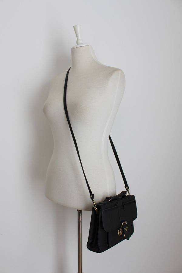 VINTAGE BLACK FAUX LEATHER SATCHEL MESSENGER SLING BAG HANDBAG