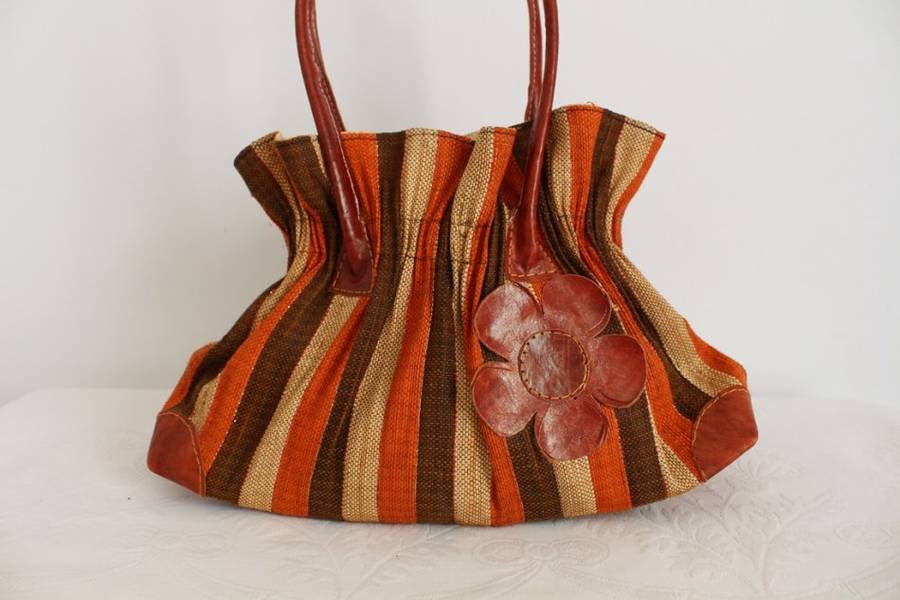 GENUINE LEATHER STRAW STRIPED BROWN ORANGE HANDBAG BAG