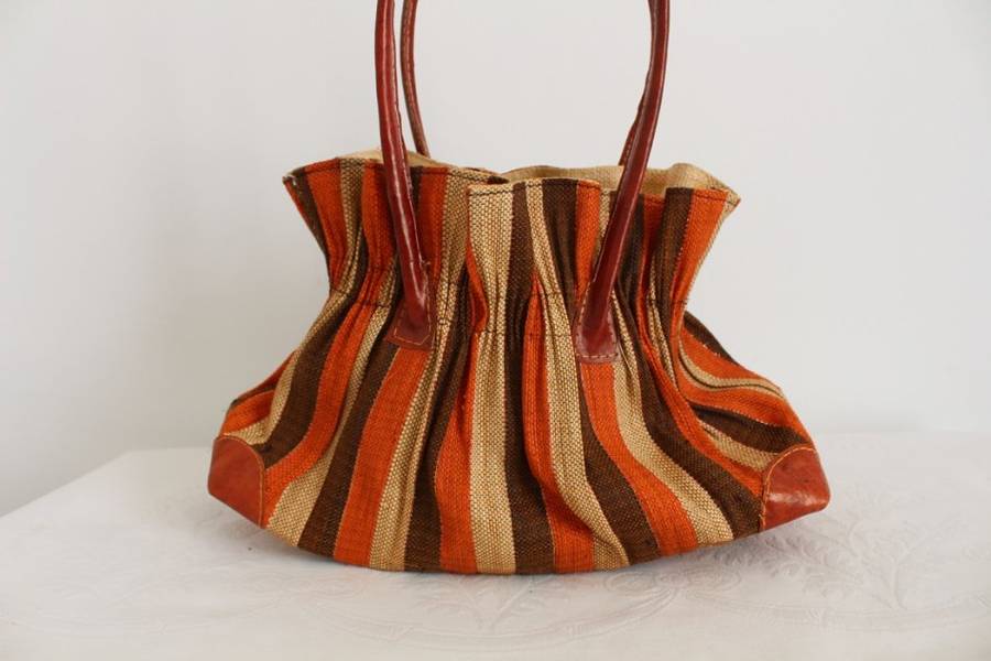 GENUINE LEATHER STRAW STRIPED BROWN ORANGE HANDBAG BAG