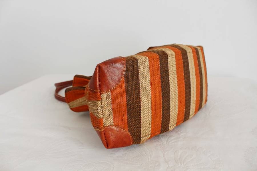 GENUINE LEATHER STRAW STRIPED BROWN ORANGE HANDBAG BAG