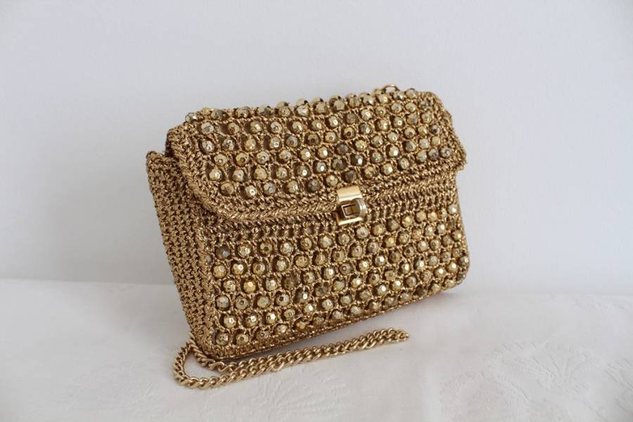 VINTAGE GOLD BEADED CHAIN HANDBAG BAG