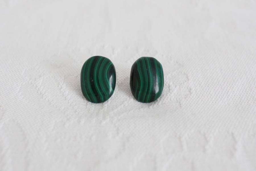 GENUINE MALACHITE GEM STONE GREEN VINTAGE STUD EARRINGS - PIERCED