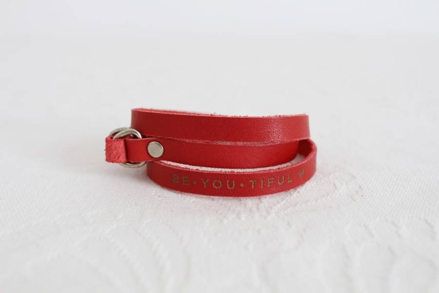 "BE-YOU-TIFUL" TEXT GENUINE LEATHER RED WRAP AROUND BRACELET