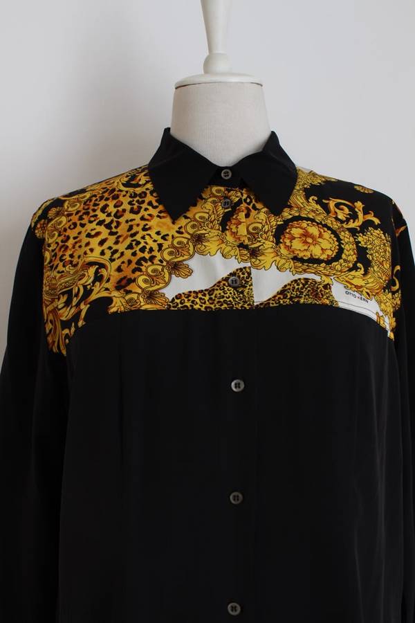 *OTTO KERN* VINTAGE DESIGNER SILK BLACK LEOPARD PRINT BLOUSE SHIRT - SIZE 14