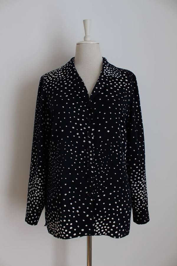 VINTAGE SWISS NAVY WHITE DOT PRINT BLOUSE SHIRT TOP - SIZE 12