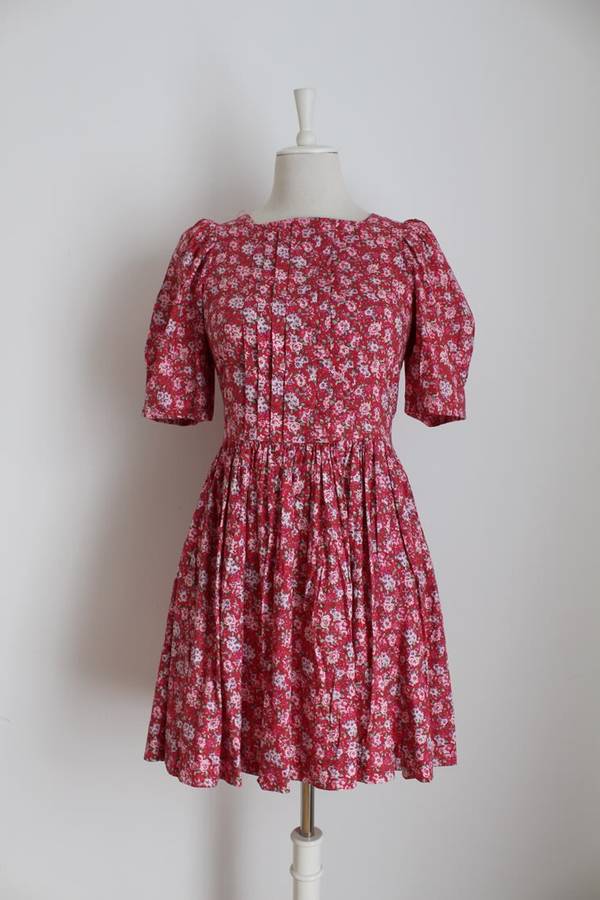 *LAURA ASHLEY* DESIGNER VINTAGE RED FLORAL PRINT COTTON DRESS - SIZE 10