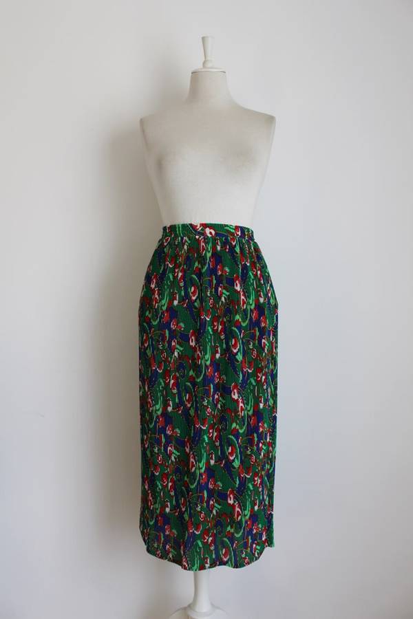 VINTAGE PLEATED BLUE GREEN PRINTED HIGH WAIST MIDI SKIRT - SIZE M