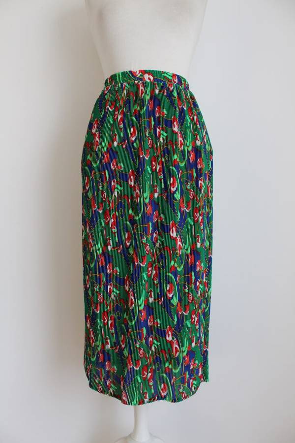 VINTAGE PLEATED BLUE GREEN PRINTED HIGH WAIST MIDI SKIRT - SIZE M