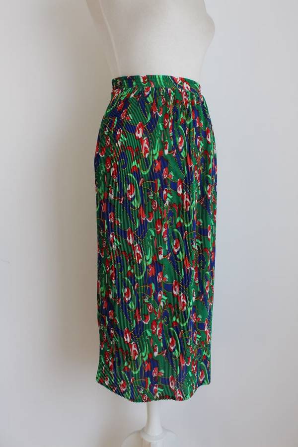 VINTAGE PLEATED BLUE GREEN PRINTED HIGH WAIST MIDI SKIRT - SIZE M