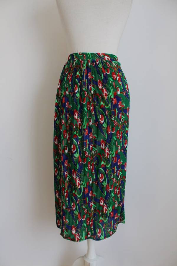 VINTAGE PLEATED BLUE GREEN PRINTED HIGH WAIST MIDI SKIRT - SIZE M