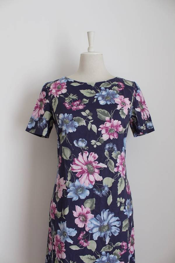 VINTAGE FLORAL BLUE PINK SHIFT DAY DRESS - SIZE 12