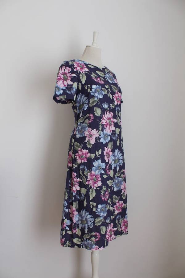 VINTAGE FLORAL BLUE PINK SHIFT DAY DRESS - SIZE 12