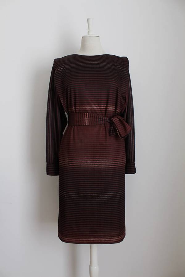 VINTAGE OMBRE BROWN STRIPED PRINT TIE WAIST DRESS - SIZE 10