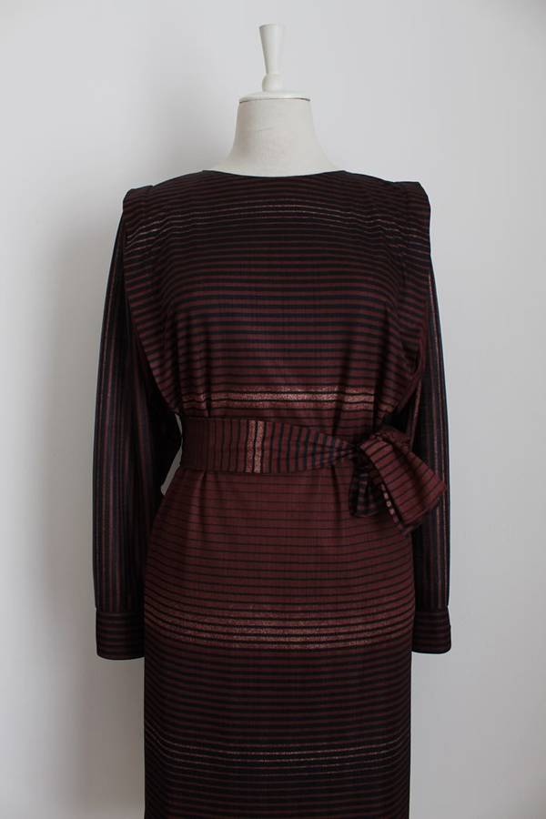 VINTAGE OMBRE BROWN STRIPED PRINT TIE WAIST DRESS - SIZE 10