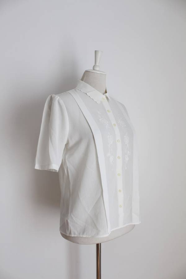 VINTAGE EMBROIDERED FLORAL PLEATED BLOUSE SHIRT TOP - SIZE 12