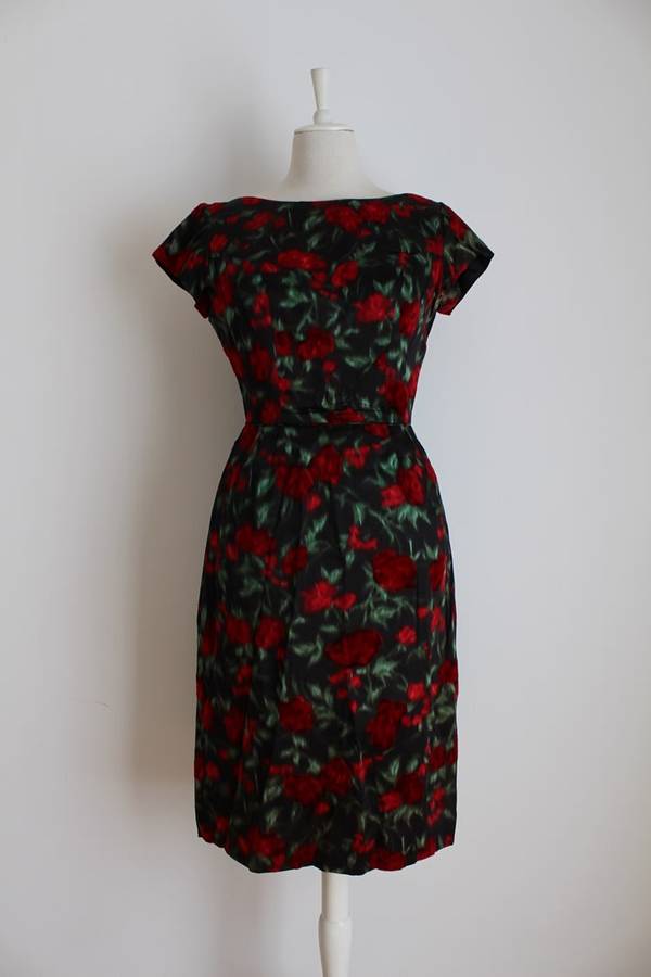 VINTAGE SATIN FLORAL PRINT BLACK RED COCKTAIL DRESS - SIZE 10