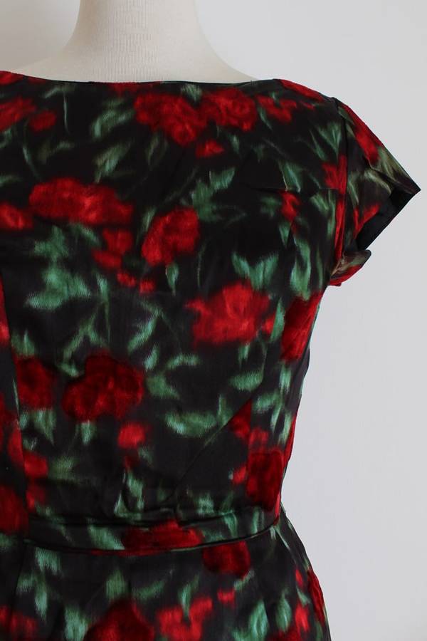 VINTAGE SATIN FLORAL PRINT BLACK RED COCKTAIL DRESS - SIZE 10