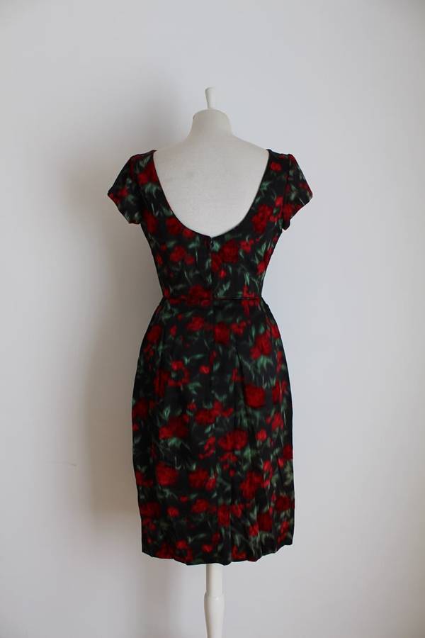 VINTAGE SATIN FLORAL PRINT BLACK RED COCKTAIL DRESS - SIZE 10