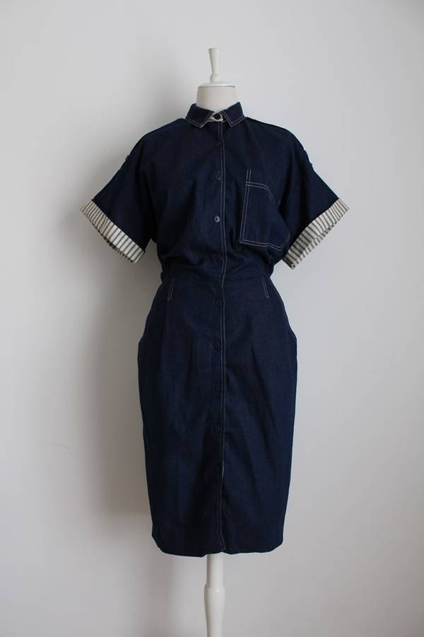 VINTAGE DARK BLUE DENIM JEAN BUTTON DOWN SHIRT DRESS - SIZE 12
