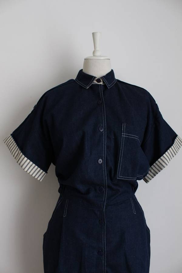 VINTAGE DARK BLUE DENIM JEAN BUTTON DOWN SHIRT DRESS - SIZE 12