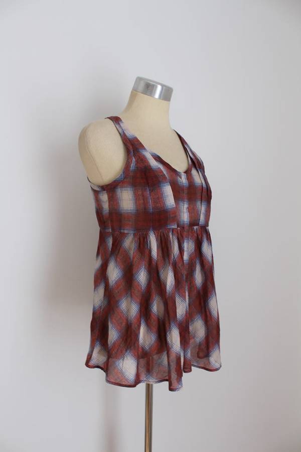 *COUNTRY ROAD* DESIGNER PLAID CHECK RED SILK TOP BLOUSE - SIZE S