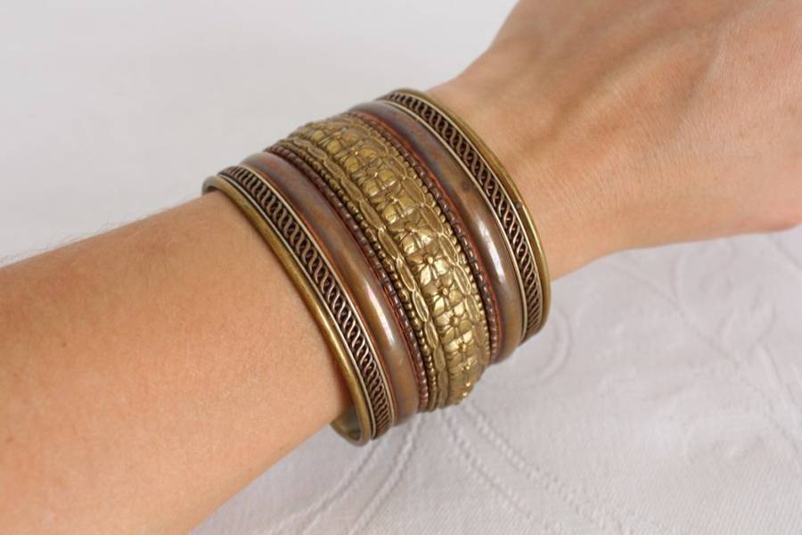 VINTAGE BRASS COPPER EMBOSSED CHUNKY CUFF BANGLE BRACELET