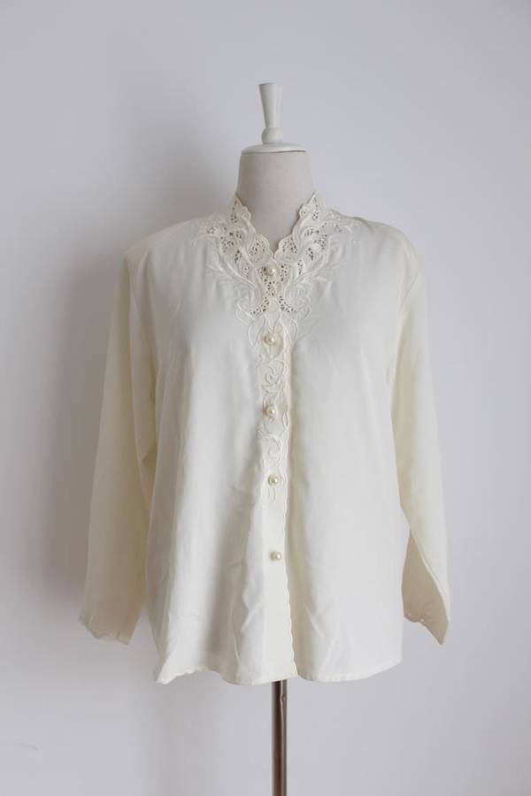 VINTAGE EMBROIDERED CREAM LONG SLEEVE BLOUSE SHIRT TOP - SIZE 14
