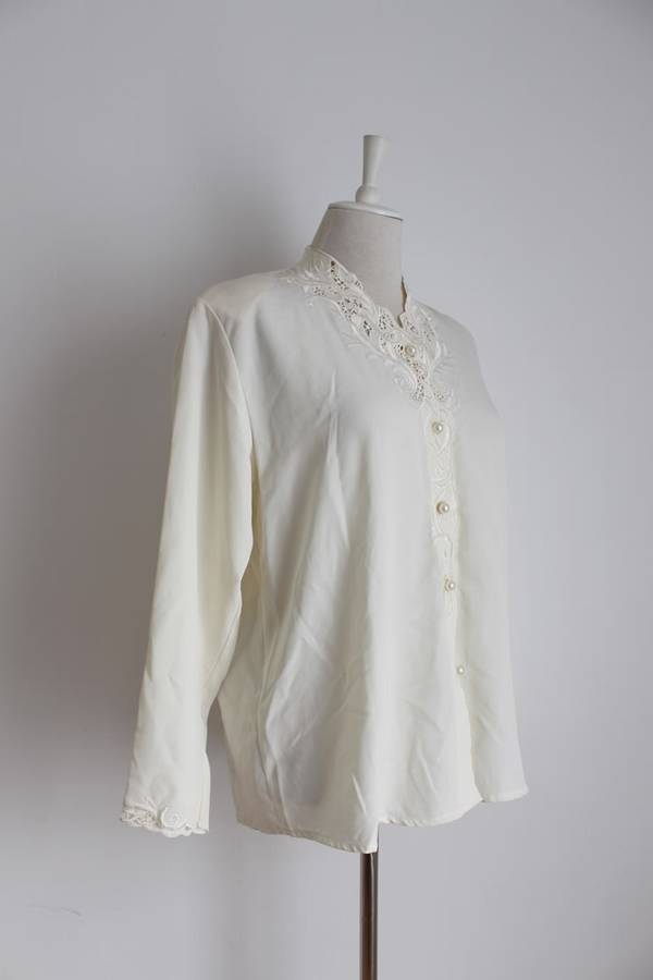 VINTAGE EMBROIDERED CREAM LONG SLEEVE BLOUSE SHIRT TOP - SIZE 14