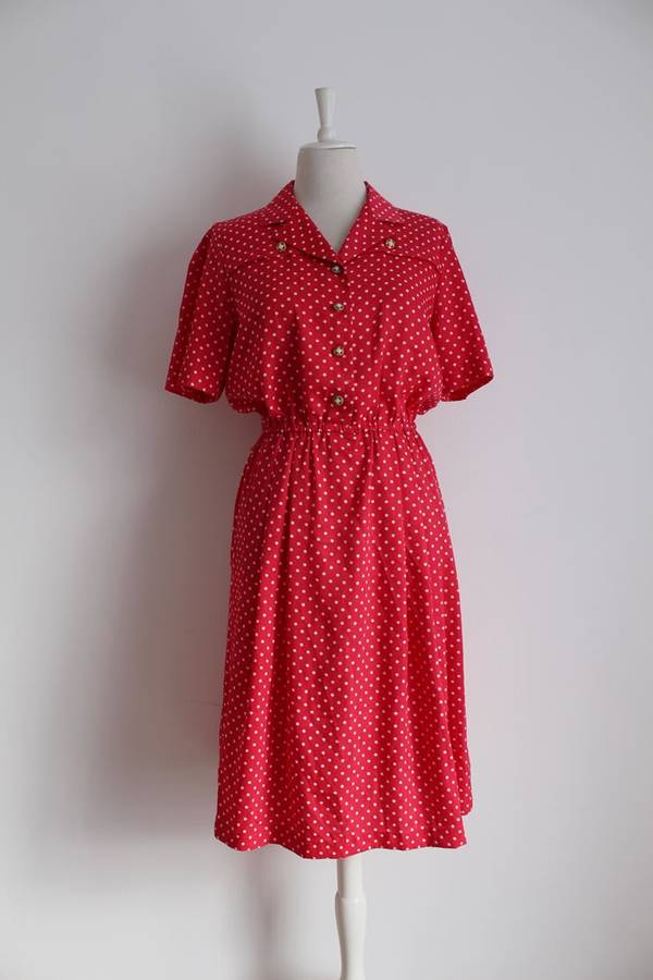 VINTAGE POLKA DOT PRINT HOT PINK WHITE DAY DRESS - SIZE 12