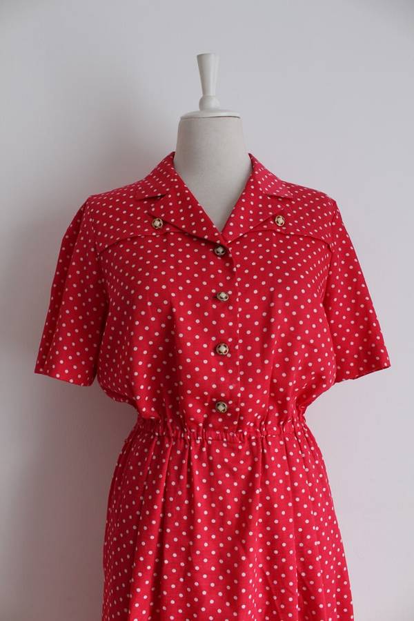 VINTAGE POLKA DOT PRINT HOT PINK WHITE DAY DRESS - SIZE 12