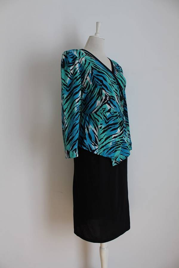 VINTAGE ANIMAL PRINT BLUE BLACK PEPLUM LONG SLEEVE DRESS - SIZE 16