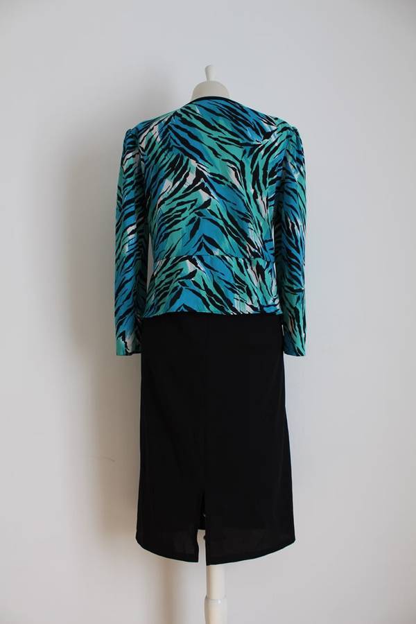 VINTAGE ANIMAL PRINT BLUE BLACK PEPLUM LONG SLEEVE DRESS - SIZE 16