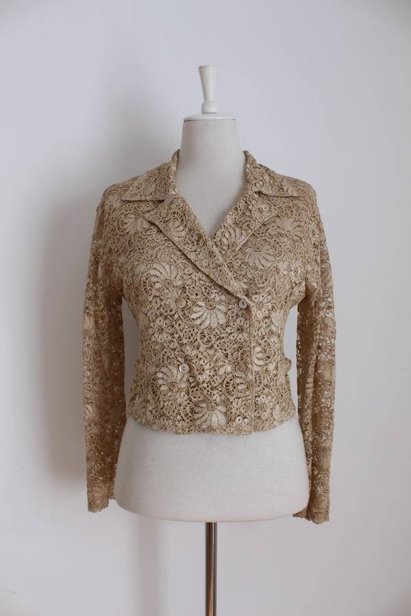 VINTAGE DESIGNER SHEER LACE BEIGE CROPPED LONG SLEEVE SHIRT TOP - SIZE 16