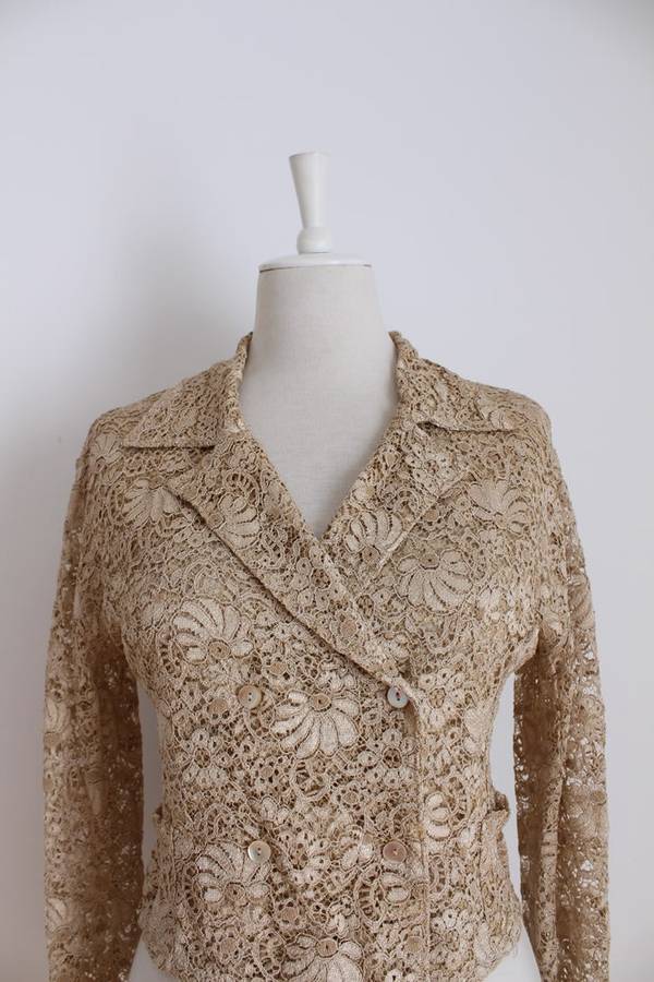 VINTAGE DESIGNER SHEER LACE BEIGE CROPPED LONG SLEEVE SHIRT TOP - SIZE 16
