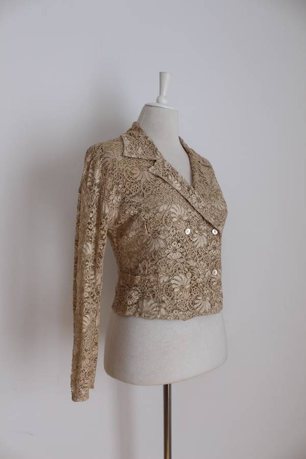 VINTAGE DESIGNER SHEER LACE BEIGE CROPPED LONG SLEEVE SHIRT TOP - SIZE 16