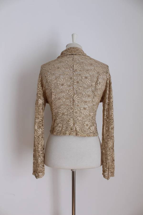 VINTAGE DESIGNER SHEER LACE BEIGE CROPPED LONG SLEEVE SHIRT TOP - SIZE 16