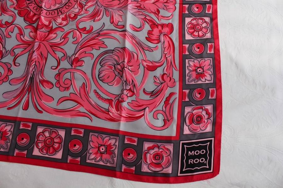 MOO ROO 100% SILK VINTAGE FLORAL PINK GREY SCARF