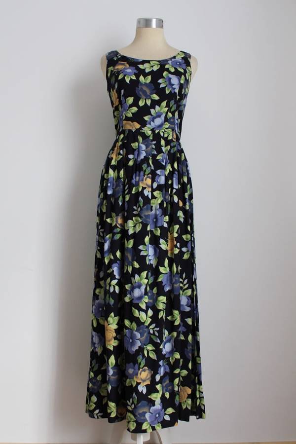 VINTAGE FLORAL NAVY BLUE PLEATED MAXI DRESS - SIZE 8
