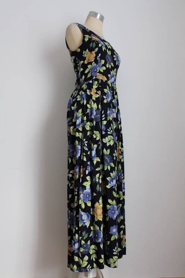 VINTAGE FLORAL NAVY BLUE PLEATED MAXI DRESS - SIZE 8