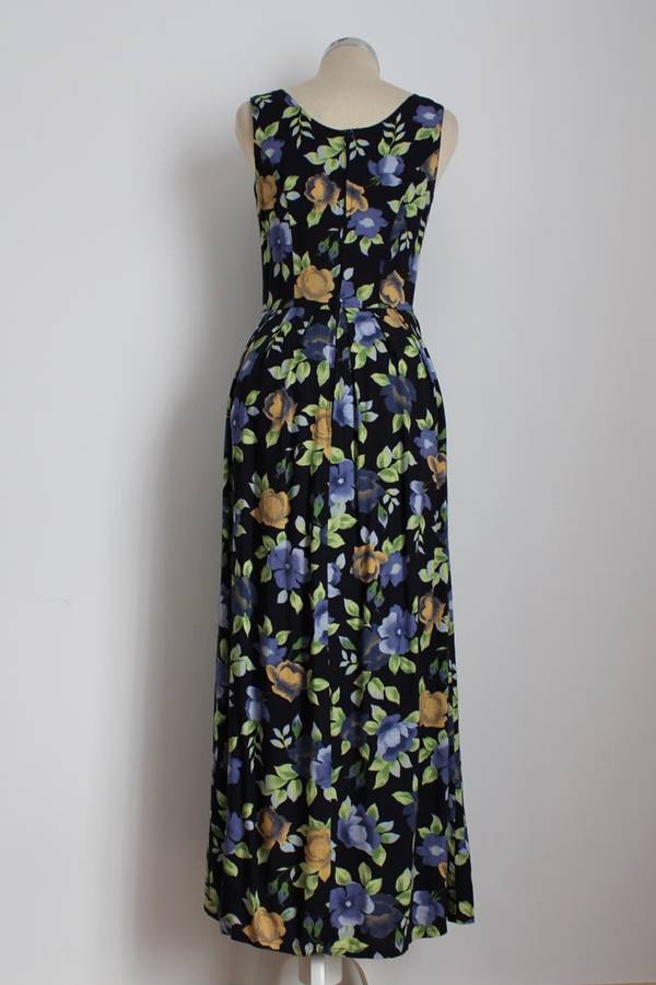 VINTAGE FLORAL NAVY BLUE PLEATED MAXI DRESS - SIZE 8