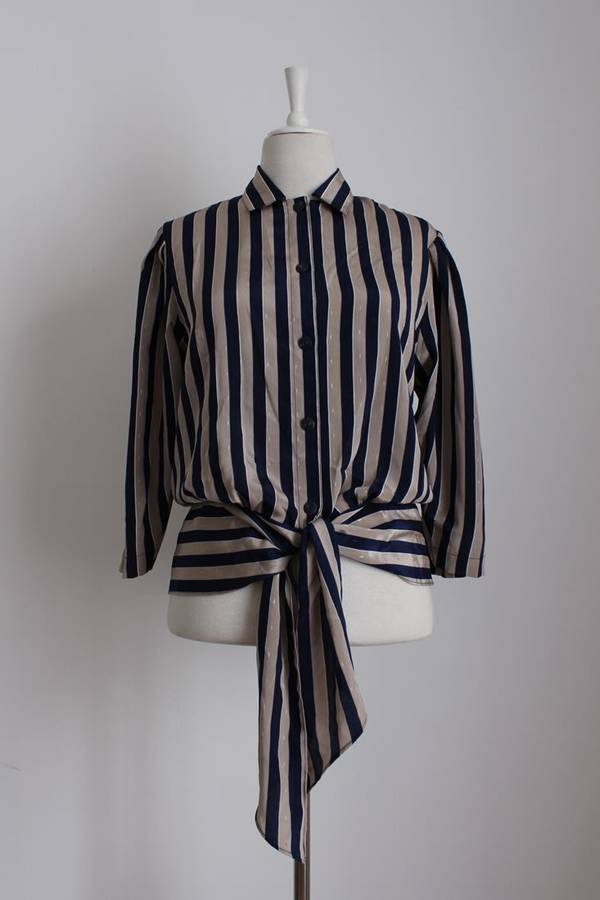 VINTAGE STRIPE NAVY TIE FRONT SHIRT TOP BLOUSE - SIZE 10/ 12
